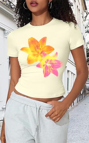 Y2K Graphic Baby Tees for Women Slim Fit Aesthetic Flower Print Crop Tops Girls Summer Hawaii Cropped Tshirts2