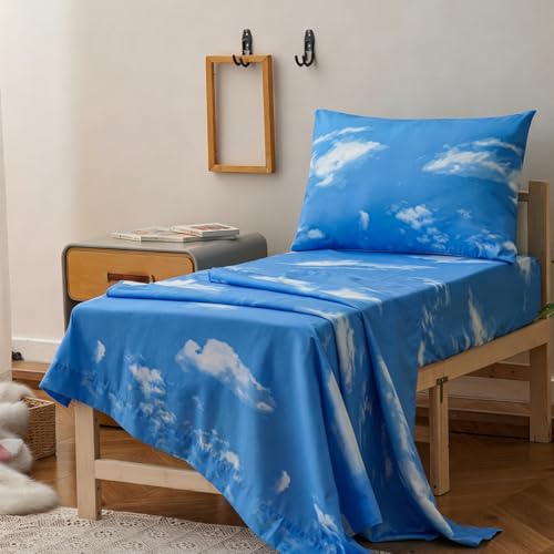 Image of Wellboo Sky Clouds Toddler Bedding Sets for Girls Boys White and Blue Sky 4 Pieces Soft Crib Bed Set Including Comforter, Sheets and Pillowcase Kids White Clouds Quilt Cartoon Casual Abstract Bed