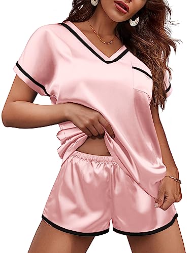 Ekouaer Ladies Silk Pajamas Set Satin V-Neck Pjs Soft Short Sleeve Nightwear with Shorts Pink