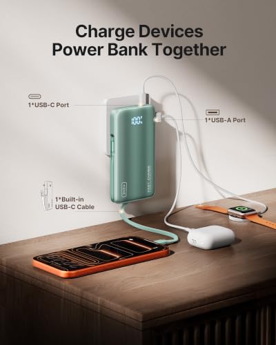 Image of INIU Portable Charger, Ultra Slim 45W Fast Charging Power Bank with Built-in AC Wall Plug, 10000mAh GaN 3-in-1 Battery Pack for Flight-Safe Travel, for iPhone 17 16, Samsung S26, iPad etc, Green