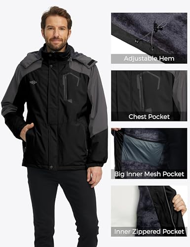 wantdo Men's Mountain Waterproof Ski Coat Winter Snow Parka Black & Gray X-Large