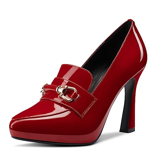 TNYNFBEB Womens Chunky Block High Heel Close Pointed Toe Pumps Slip-on Metal Chain Prom Basic Classic 3.9 Inches Heels