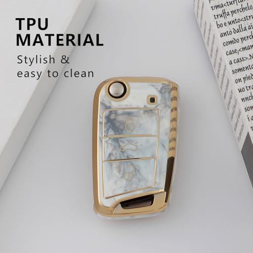Image of Keyzone TPU car Key Cover Compatible for Skoda Slavia, Kodiaq, Kushaq, Karoq, Octavia 3 Button flip Key (Marble)