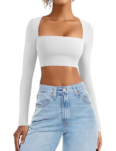 VOYJOY Women's Square Neck Crop Top Workout Tops Long Sleeve Shirts Cropped T Shirts Women Cute Top