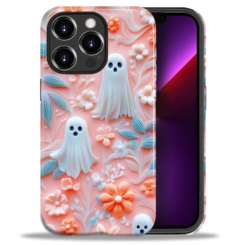 ZHEGAILIAN Case for iPhone 13 Pro,Shockproof Hard Shell + Soft Silicone 2 in 1 Hybrid,Shockproof Bumper Drop Protective - Halloween Pink Ghost Floral