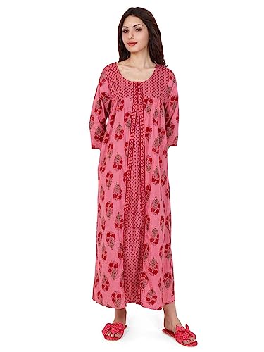 Image of Evolove Women's Cotton Long Maxi Night Gown Nighty Dress with Pocket & Stylish Button, Super Soft Comfortable (LNG-Button)