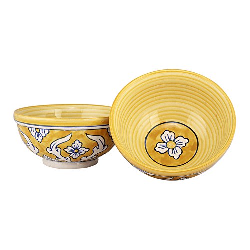 Image of KITTENS Handpainted Ceramic Snack Bowl Set of 2 - Yellow 400ml | Large Multipurpose Bowl for Salad, Pasta, Snacks | Microwave & Dishwasher Safe | Food Grade | Made in India