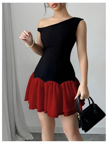 Image of Verdusa Women's Color Block Ruffle Off Shoulder Dress Drop Waist Layered Mesh Mini Dress