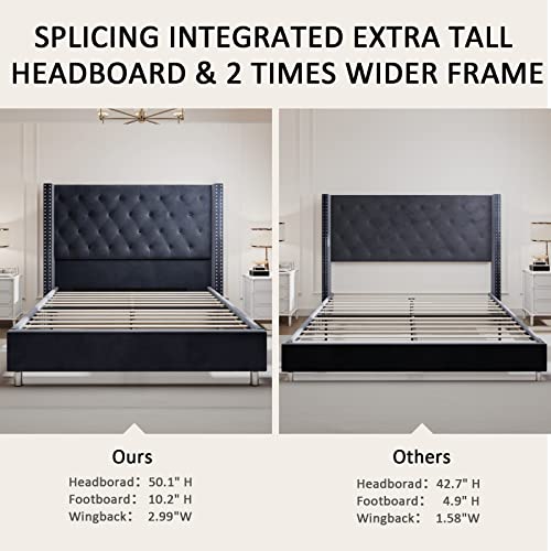 Papajet Queen Size Velvet Low Profile Platform Beds Tufted Upholstered Platform Bed Frame Raised Wingback Headboard With Strong Wooden Slats/Mattress Foundation/No Box Spring Needed/Easy Assembly #TOP5