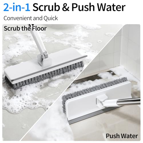Image of Floor Scrub Brush with 55 inch Long Handle, 2-in-1 Floor Brush with Built-in Squeegee, Adjustable Angle Head and Stiff Bristles for Tile, Wood, Concrete & Textured Floor Cleaning