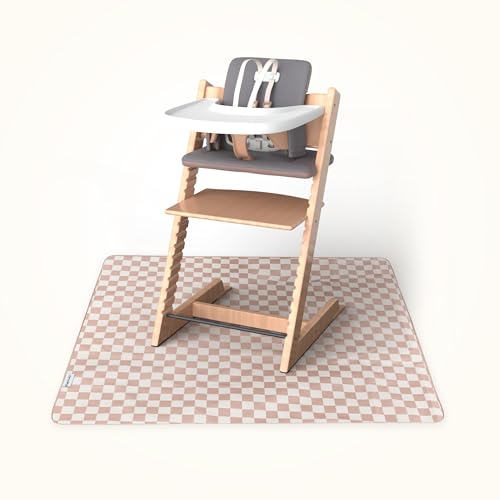 Tiny Twinkle Splat Mat for Under High Chair or Table | 44 x 44 Waterproof & Mess-Proof High Chair Mat for Baby Machine Washable for Mealtime or Art(Beige Checkers)