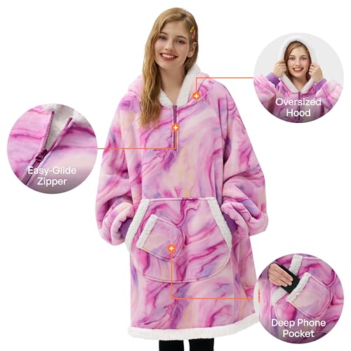 Image of Giggling Getup Wearable Blanket Hoodie for Adults Gifts for Teen Girls Sister Women Sherpa Fleece Printed Hooded Blanket Sweatshirt Warm Cozy with Pocket & Sleeves Purple Texture Pattern