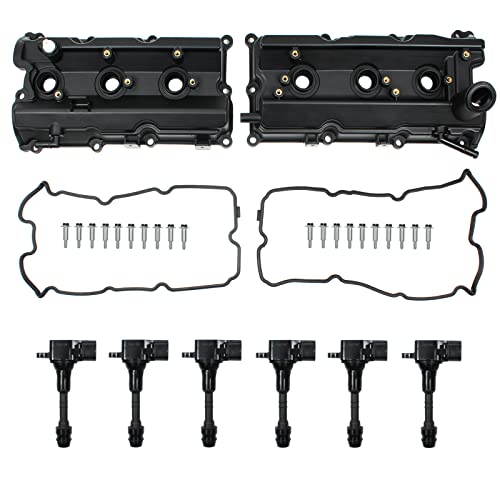 Left & Right Engine Valve Cover w Gasket & Ignition Coil Set COMPATIBLE WITH Nissan 350Z Infiniti FX35 G35 M35 3.5L DOHC