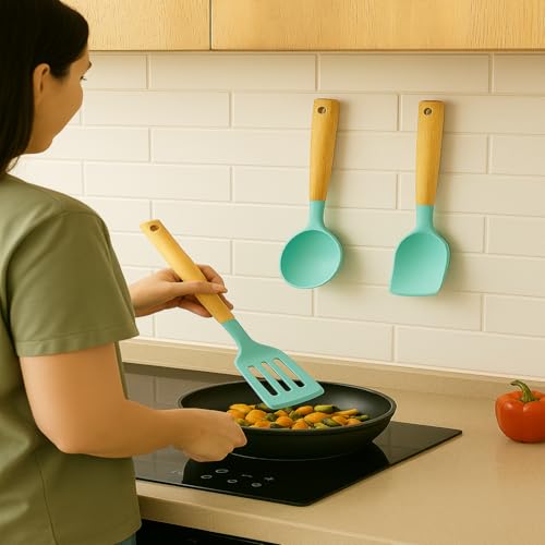 Image of Sakoraware Silicone Spatula Set with Wooden Handle Kitchen Tools Mixing | Serving Cooking Spoon | Turner | Soup Ladle | Non-Stick | BPA Free Kitchen Tool Set of 3 (Green)