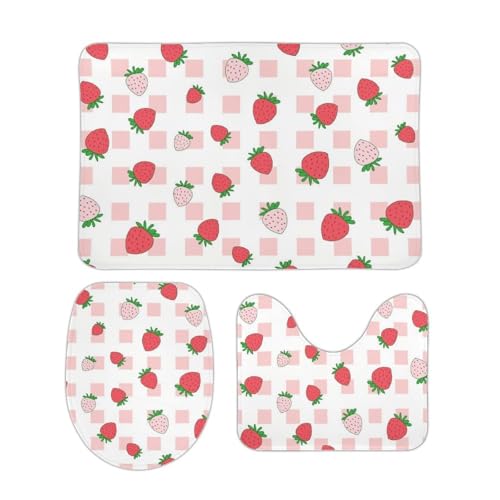 トイレマット 3点セット ピンク イチゴ かわいい フタカバー 便座カバー 洗える バスマット ふわふわ 滑り止め U型 O型 兼用 ズレない おしゃれ 吸水速乾 40cm x 60cm