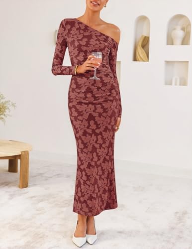 ZESICA Women's Fall Floral Off Shoulder Bodycon Maxi Dresses 2025 Long Sleeve Ruched Elegant Cocktail Party Dress3