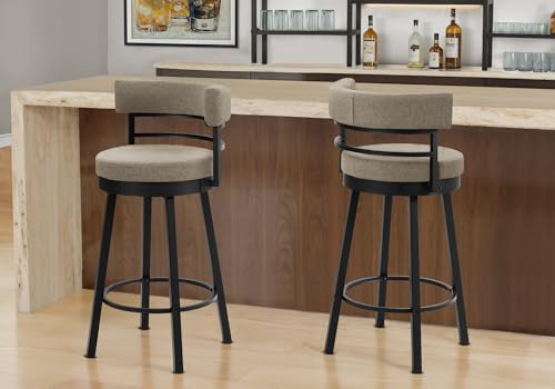 Butaco giratorio de altura para barra, 39", tela beige, estructura de metal negro, estilo contemporáneo, juego de 2 miniatura 2