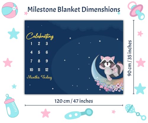 Image of Baby Monthly Milestone Blanket | 1-12 Months | Soft All-Season AC Blanket | Ideal for Newborn Boys & Girls | Perfect Growth Tracker & Photoshoot Prop with Moonlit Raccoon | 120x90 cm