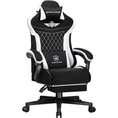 GTPLAYER Gaming Stuhl, Ergonomischer Gamer Stuhl aus Stoff mit Lendenwirbelstütze, PC-Stuhl mit verbreiterter Rückenlehne, Belastbar bis 150 kg, Schwarz