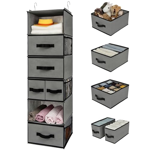 Best Drawers for Hanging Closet Organizer to Maximize Your Storage Space 6 GRANNY SAYS Hanging Closet Organizer 6 Shelves, Closet Organizers and Storage with 5 Drawers, 6 Side Pockets Closet Hanging Organizer, Hanging Storage Organizer for Closet, Baby Clothes, Gray