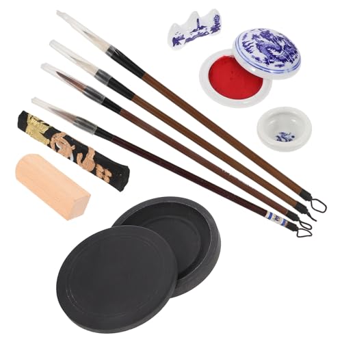 Alipis Juego de Caligrafía China para Principiantes 11 Piezas Pinceles de Tinta Portátil, Piedra de Tinta Estilo Chino, Pisapapeles y Papel para Práctica Escolar, Compacto y Ligero
