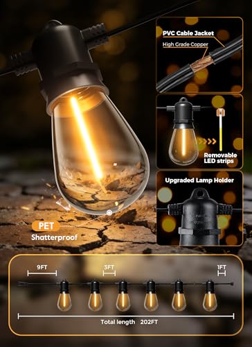 Image of Minetom 202FT Solar String Lights Outdoor Waterproof, 65 LED S14 Shatterproof Bulb, Patio Lights with Remote Type-C Port Timable, 3 Light Modes Dimmable Solar String Lights for Outside, Yard, Camping