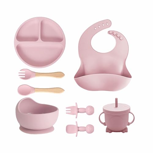 Image of Kids Station 8-Piece Silicone Baby Feeding Set | Suction Bowl, Plate, Bib, Cup, Spoon & Fork | 100% Food Grade BPA-Free Silicone | Non-Slip, Easy to Clean (Pack of 8, Pink)