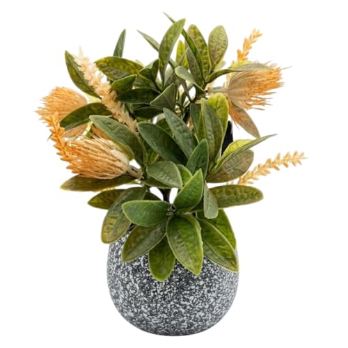 Image of Garden Art Artificial Protea Flower Arrangement Placed in a Small Decorative doted Pot. The Spiky, Cone-Shaped Bloom and Textured Petals are Typical of Protea Flowers (P-0235Peach)