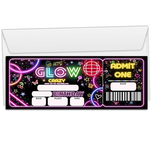 Wybgno Let's Glow Crazy Birthday Party Invitation Cards for Kids Adults Teens, 20 Retro Neon Theme Ticket Invites with Envelopes, Party Favor & Supplies (3×8inch)-A06