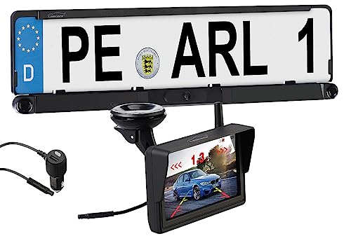 Lescars Nummernschildkamera: Funk-HD-Rückfahrkamera in Nummernschildhalter, Monitor, Abstandswarner (Rückfahrkameras, Parksensor, Lautsprecher)