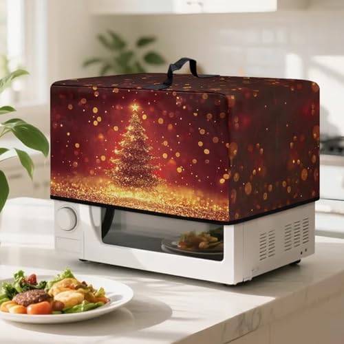 Image of Christmas Decor Microwave Oven Cover Washable Fabric Convection Toaster Oven Dust Cover Kitchen Appliance Protector, S, 18.25 x 14.5 x 11 Inches, Christmas Tree Gold Red
