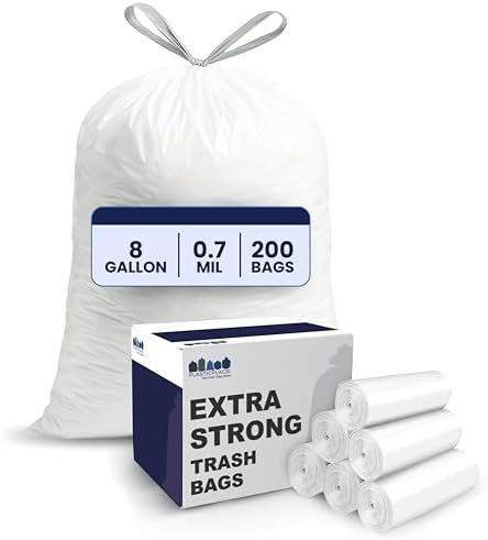 Plasticplace 8 Gallon Trash Bags -White Drawstring Garbage Can Li...