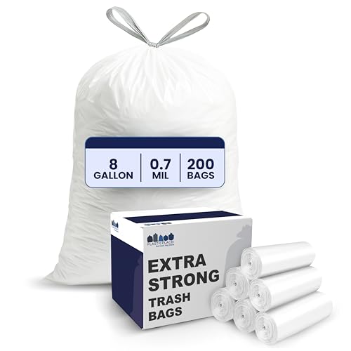 Plasticplace 8 Gallon Trash Bags -White Drawstring Garbage Can Liners - 200 Count - Leak-Resistant and Tear-Proof for Kitchen, Bathroom, Office, and Small Trash Cans 0.7 Mil