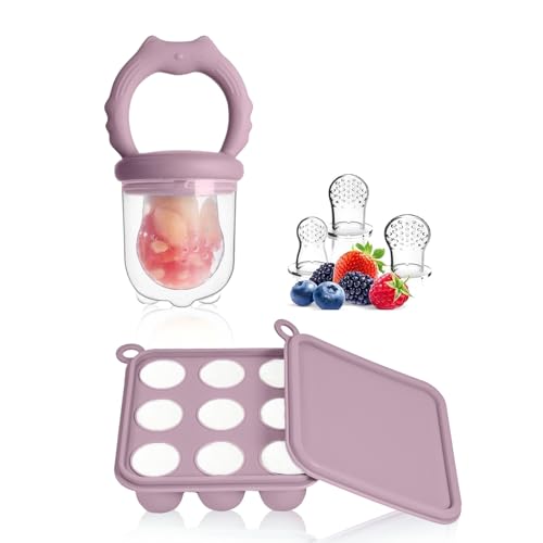 WeSweet Fruchtsauger Baby | Silikon Futterspender für Babynahrung und Gefriertablett für Babynahrung, Milch-Eis am Stiel, zur Linderung des Zahnens von Babys, Schnuller zum Selbstfüttern (Cat Purple)