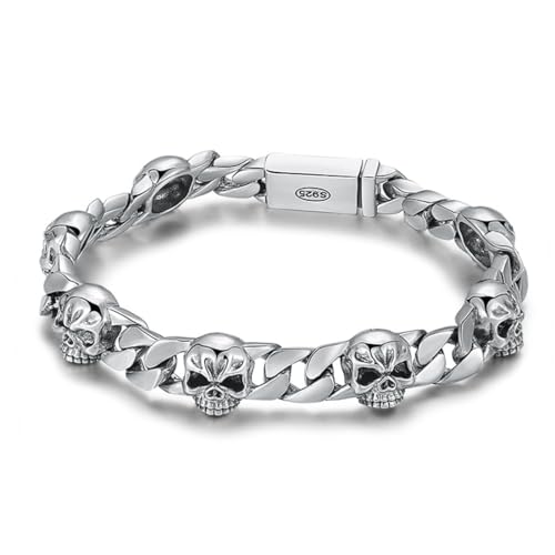 S925 Sterling Silver Punk Skull Bracelet, Men's Cuban Chain Skull Bracelet