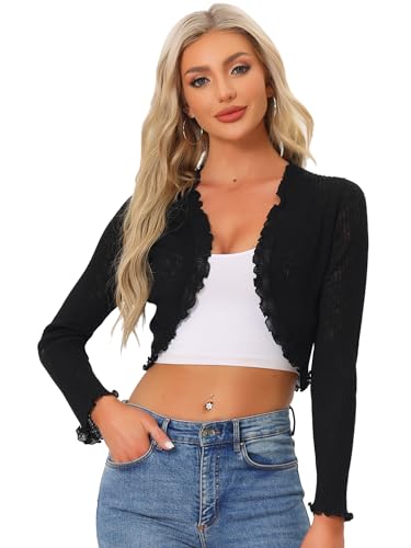 Image of Allegra K Women's Spring Crop Shrug Ruffle Trim Long Sleeve Knit Open Front Casual Bolero Cardigan