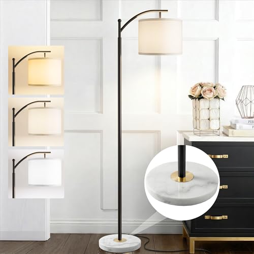 Image of Floor Lamp for Living Room with Marble Base, Modern Standing Lamp with 3 Color Temperatures Bulb & Adjustable Linen Shade, Tall Lamp for Bedroom Office Reading Nursery