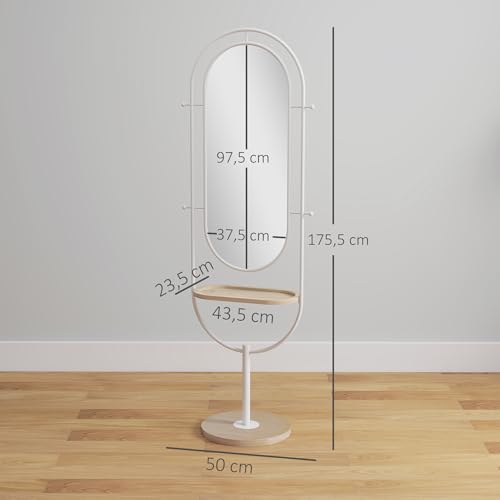 HOMCOM Espejo de Cuerpo Entero 175,5x50 cm con Bandeja de Madera y 4 Ganchos Espejo de Pie con Marco de Metal para Dormitorio Salón Blanco - imagen 7