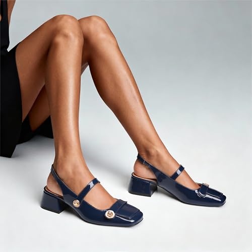 Image of Slingback Mary Jane Heels for Women Low Block Heel Closed Square Toe Pump Shoes Heels Classic Daily Office Dressy Shoes