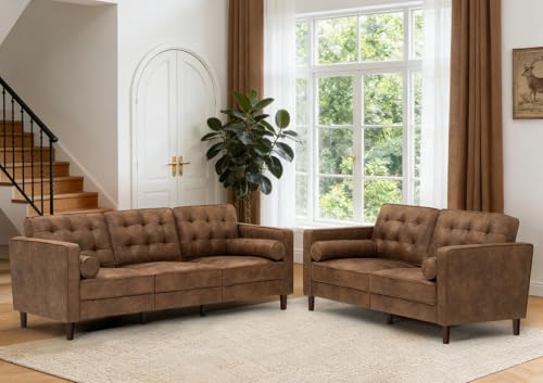 Image of 2 Pieces Suede Leather Sofa Set with Bolster Pillows, Brown | Tufted 3-seat Sofa and Loveseat Couch with Wooden Legs, Upholstered Living Room Set for Living Room, Office