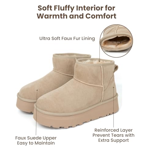 Women's Platform Mini Boots, Fur Boots Classic Ultra Mini Booties Comfortable Anti-Slip Lightweight Winter Snow Boots (Brown/Sand/Black, US Women Size 5-9)3