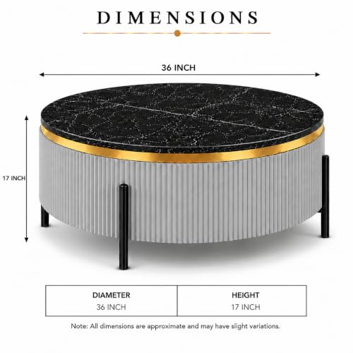 Image of WOODEN SPACE Premium Luxury Nazaara Marble-Top Coffee Table with Iron Legs & PVD Coating | Modern Round Wooden Center Table for Living Room & Entryway
