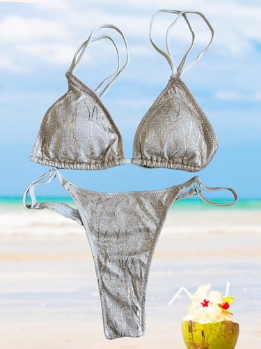 Image of Women's Sexy Thong Bottom Two Piece Bikini Double Shoulder Straps Cute Swimsuit Triangle Bathing Suit