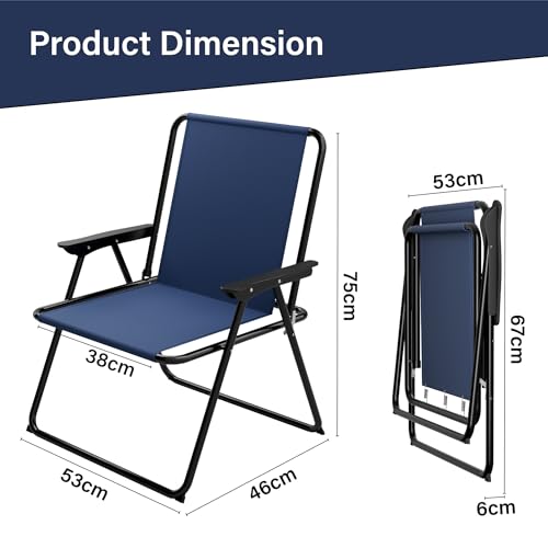 Outsetter Folding Beach Deck Chair - Pack Of 2, Metal Spring Chair With Armrests, Portable & Easy To Store, Suitable For Camping, Garden, Picnic & Fishing - Navy Blue - 3