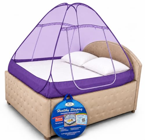Image of Healthy Sleeping Mosquito Net | Double Bed | Supreme King Size Bed | Foldable Machardani with 2 Side Zipper Opening | Strong 30GSM Polyester Net | PVC Coated Steel Wire (Violet)