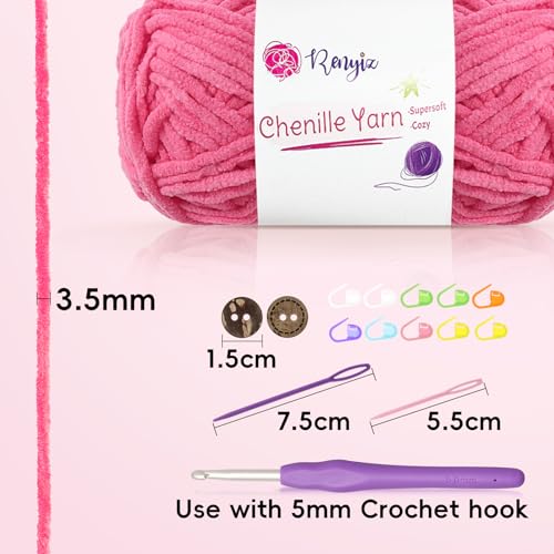 Renyiz Chunky Chenille Yarn for Crochet Fluffy Yarn for Baby Blanket 3x50g Soft Fluffy Wool with 5mm Crochet Hook Amigurumi Crochet Yarn for Beginners (Grey-3) - Image 2