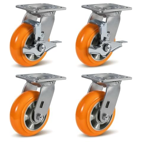 NINOSO Caster Wheels, 5" Heavy Duty Industrial Swivel Caster, Crowned Tread Aluminum Core Thickened Polyurethane Casters Set of 4, Wheels for Cart Toolbox (2 Brake & 2 Swivel) Cover