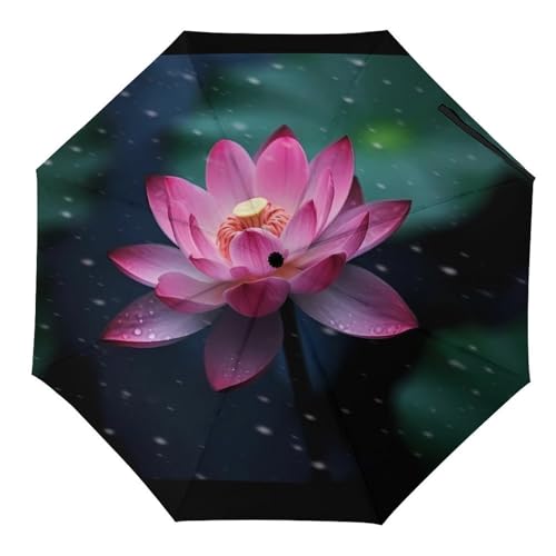 Lotus Flower Print 3 Fold Auto Umbrella Waterproof And Wind-Resistant, Ideal Gift for Travel And Outdoor Activities