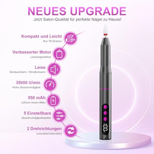 POFIBO Nagelfräser Kabellose Elektrische Nagelfeile - 35000 U/Min Nagelfräser für Gelnägel, 12 IN 1 Professionell Fräser für Nägel & Acrylnägel, Maniküre Pediküre Set mit 5 Geschwindigkeiten