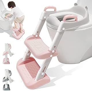 Potty Training Toilet Seat Toddler, Kids Steps Toilet Trainer with Stairs Stool & Soft Pad, Baby Travel Adjustable Height Non-slip Step Ladder Foldable Portable Potty Chair Adapter with Handles | Pink